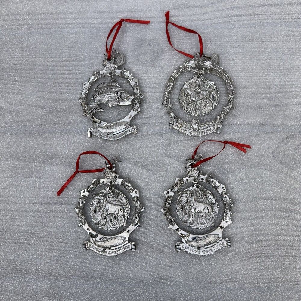 4x Sunburst Silver Pewter Christmas Ornaments Bass Fishing Hunting Dog Horse